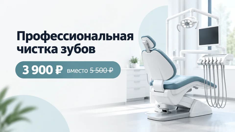 Широкоформатный баннер стоматологии для Яндекс Директ 1920×1080: «Профессиональная чистка зубов», «3 900 ₽ вместо 5 500 ₽»