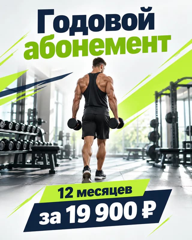 Баннер фитнес-клуба для ВК Реклама 1080×1350: «Годовой абонемент», «12 месяцев за 19 900 ₽»